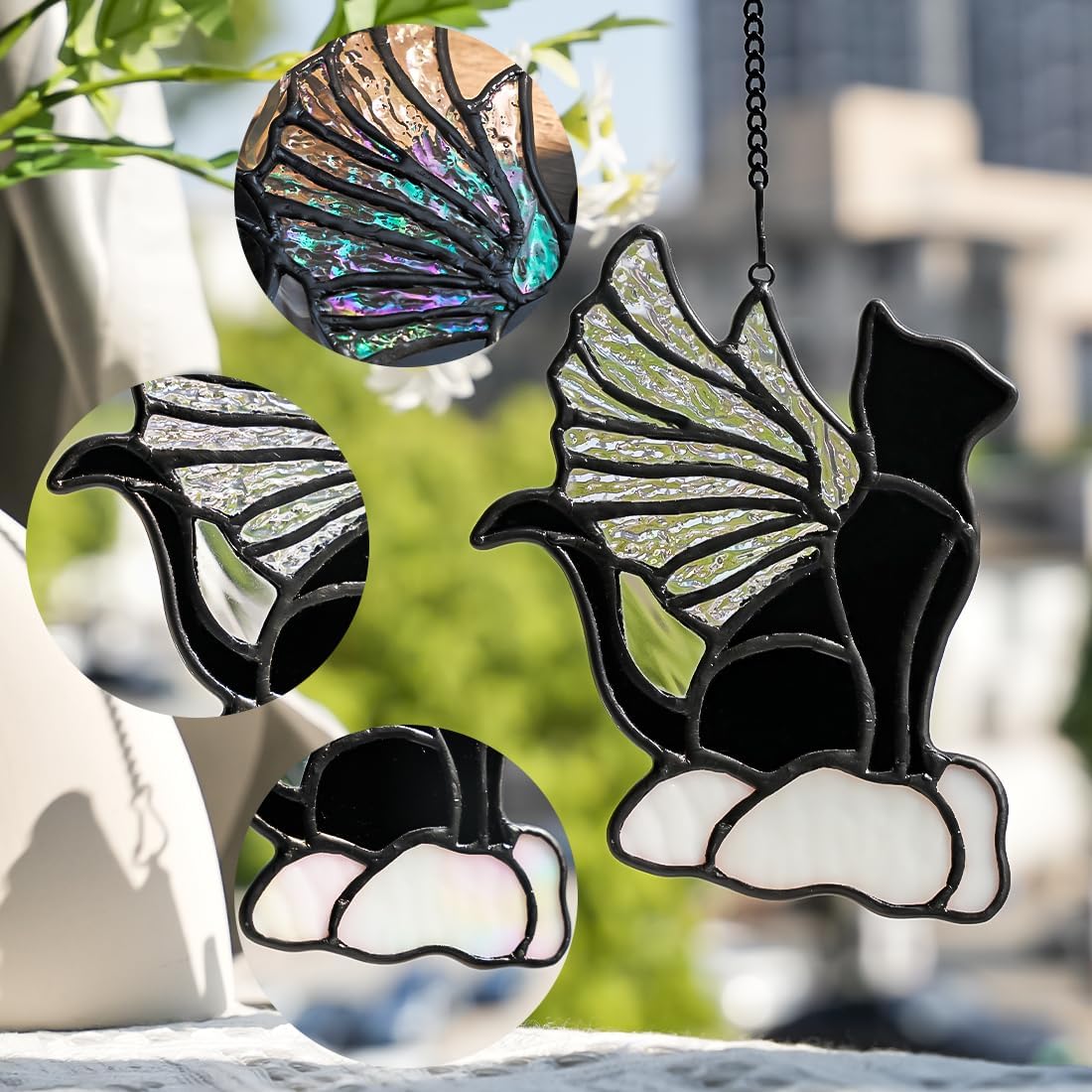 Stained Glass Black Cat Suncatcher Decor,Iridescent Angel Wing Cat Loss Sympathy Gift for Women,Stained Glass Window Hangings,Pet Memorial Gifts Remembrance Gifts