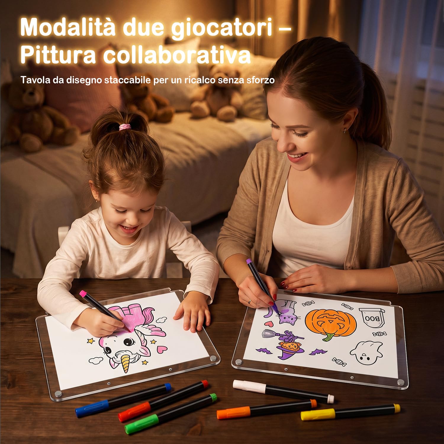CIMELR Lavagna LED Doppio Strato Ricaricabile, Regalo per Bambini 5-10 Anni | Acrilico 16" ultraresistente, rimovibile e lavabile, 15 modalità luce, 8 pennarelli – perfetto per viaggi e famiglia