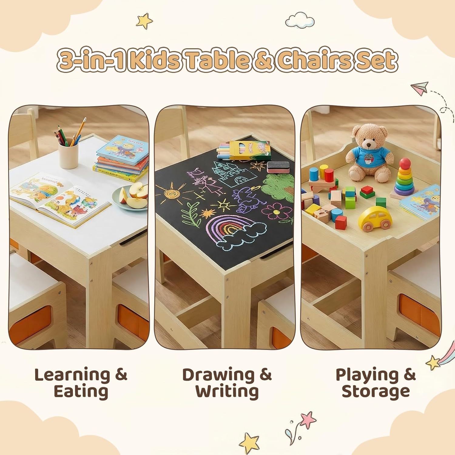 Arlopu Kids Table and Chair Set, 4 in 1 Wooden Children Activity Table w/Storage, Reversible Deskboard, Blackboard, Detachable Tabletop for Toddlers Art Crafts, Playroom, Drawing, Reading Natural