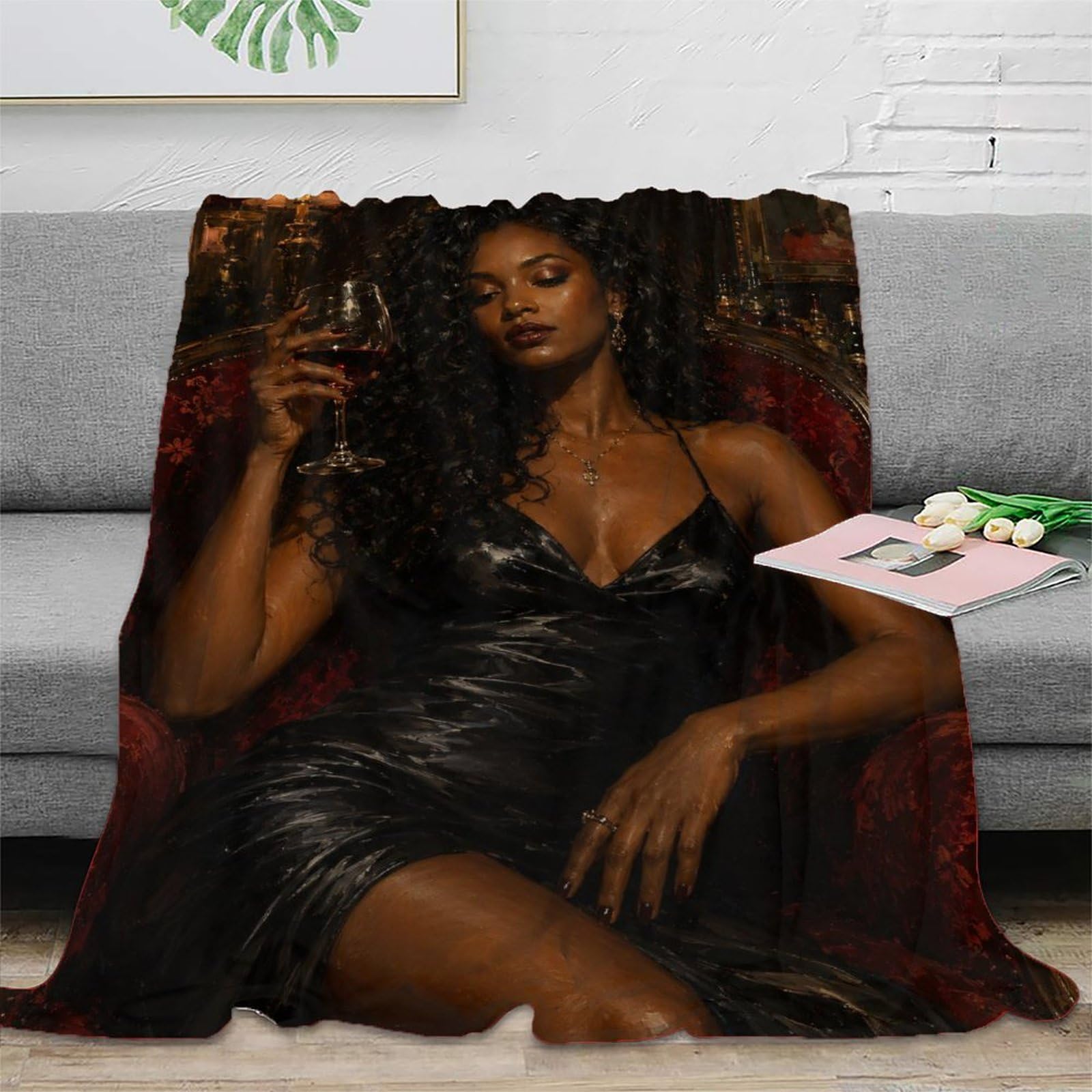 W7C8U2X3 Elegant Black Woman Red Chair Throw Blanket, Flannel, Bedroom