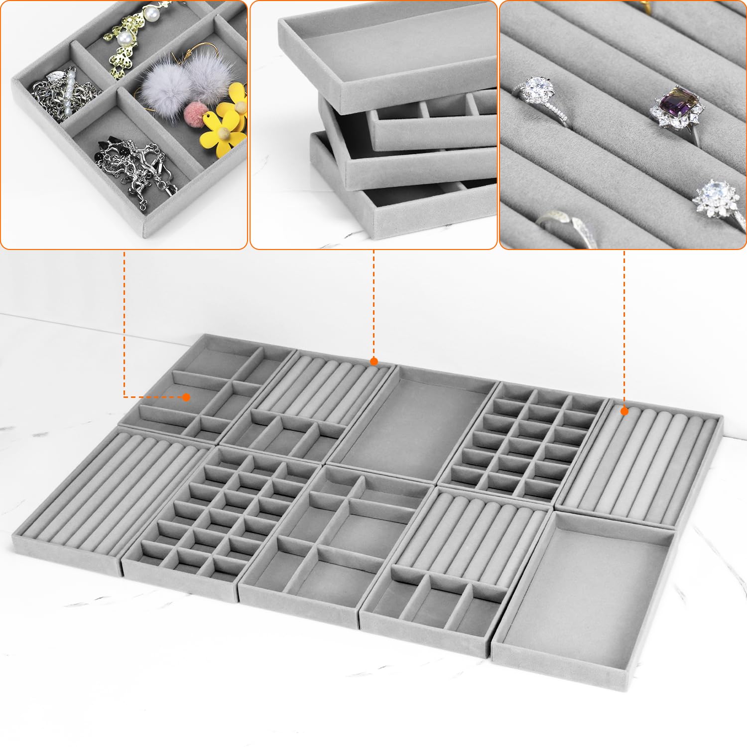 QWORK® 10 sztuk składanych aksamitnych tacek na biżuterię do szuflady - 21x12x2.5cm - szary organizer do wystawiania kolczyków, pierścionków, naszyjników, bransoletek