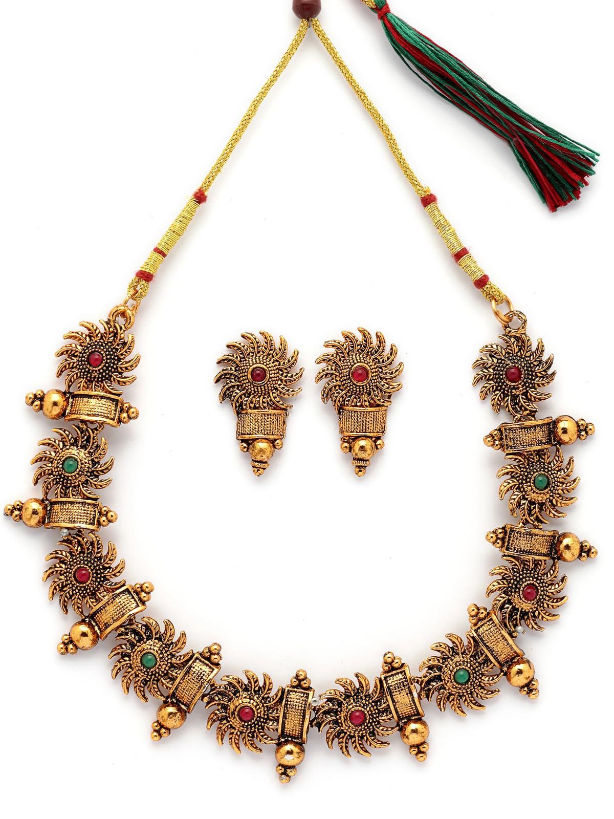 Indian Traditional 18k Gold Plated Red Green Choker Necklace with Studs Earring Jewellery Set for Women & Girls|NS107349-image-48