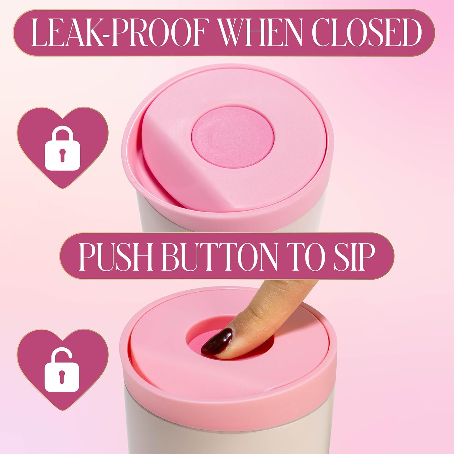 Paris Hilton Insulated Travel Coffee Mug, 12 oz Vacuum Insulated Double-Wall Stainless Steel Mug with Ceramic Coated Interior, Spill-Proof Push Button Lid, Pink