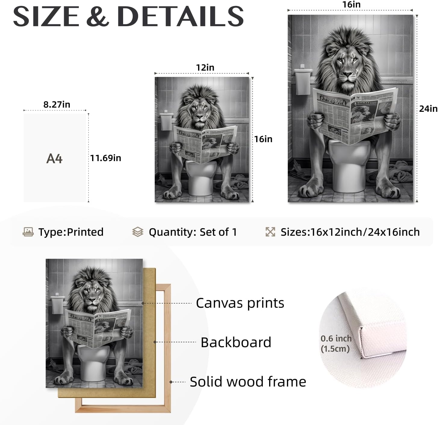 kilamino Framed Funny Bathroom Wall Art, Majesty Lion Reading Newspaper on Toilet Wall Decor, Black and White Animal Art Print, Funny Animal Canvas Painting for Bathroom Restroom Farmhouse 16"x24"