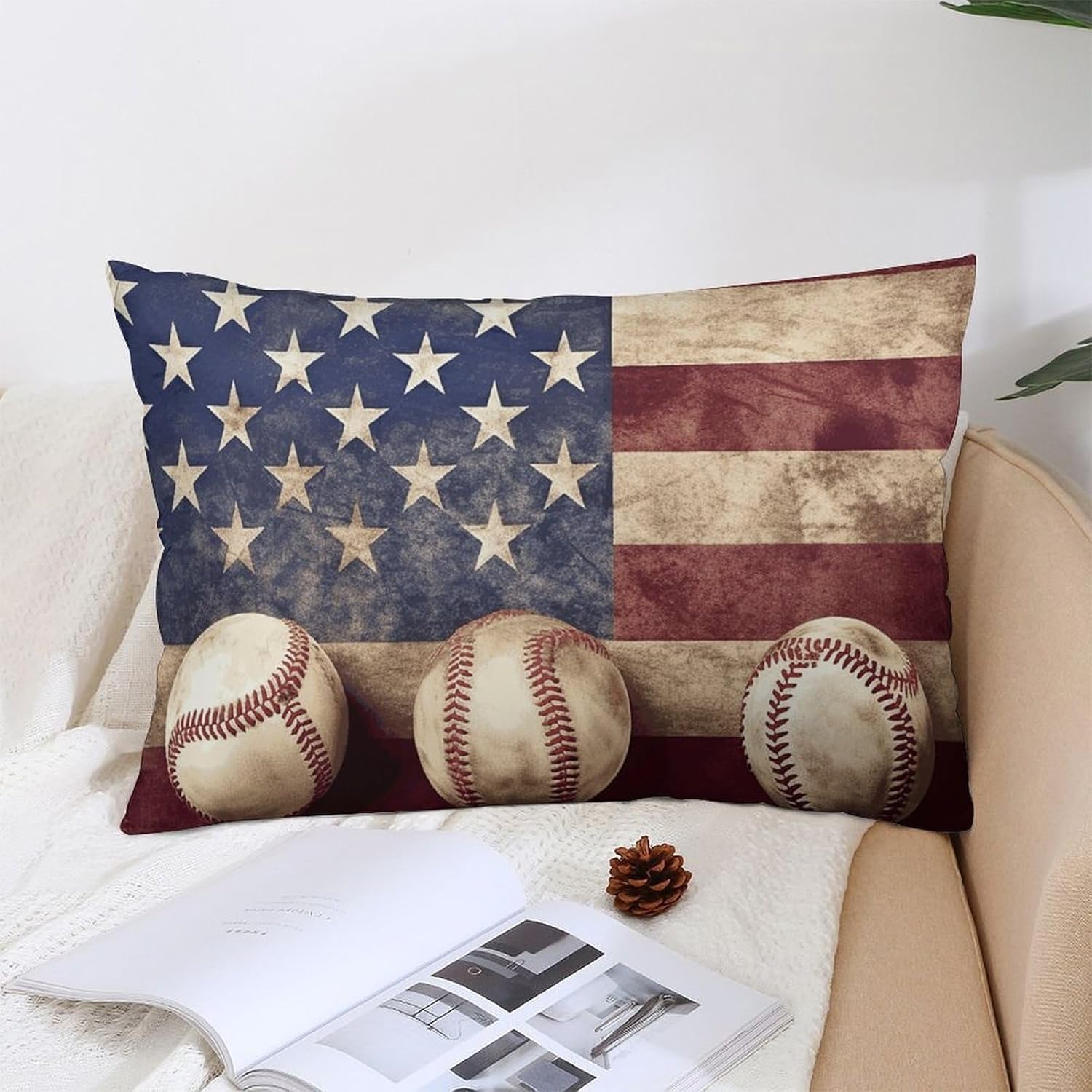 American Flag and Baseball Pillow Cases Queen Size Set of 1 Soft Comfortable Throw Pillows Covers Decorative Pillowcase with Zipper Bed Cushion Covers for Couch Sofa Bedroom 12 "x20
