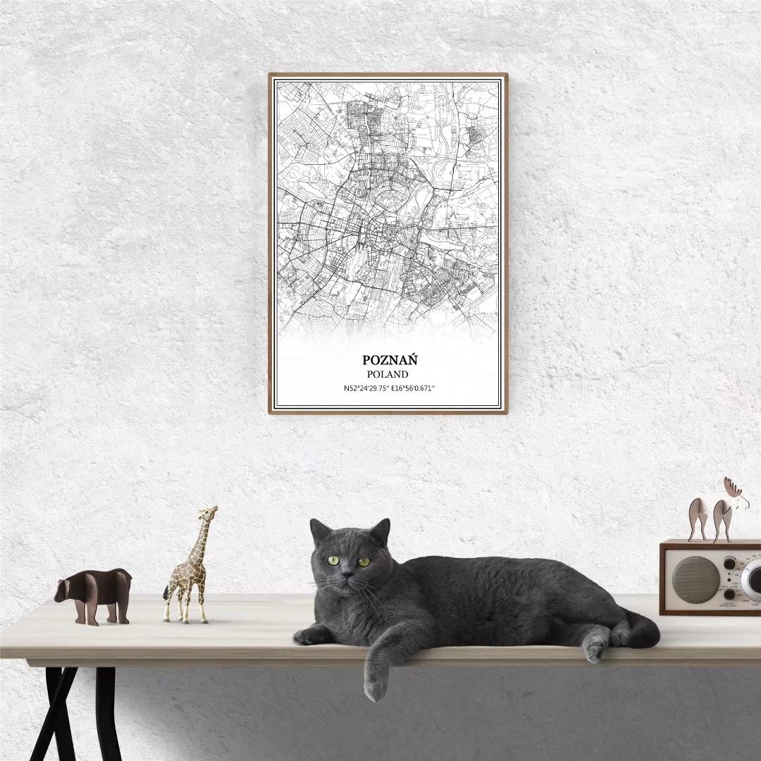TANOKCRS Mapa Poznania Polska Karta na Ścianę Obraz na Płótnie Druk Plakat Dzieło Sztuki Bez Ramki Nowoczesna Czarno-Biała Mapa Pamiątka Prezent Dekoracja Domu 61x92 cm