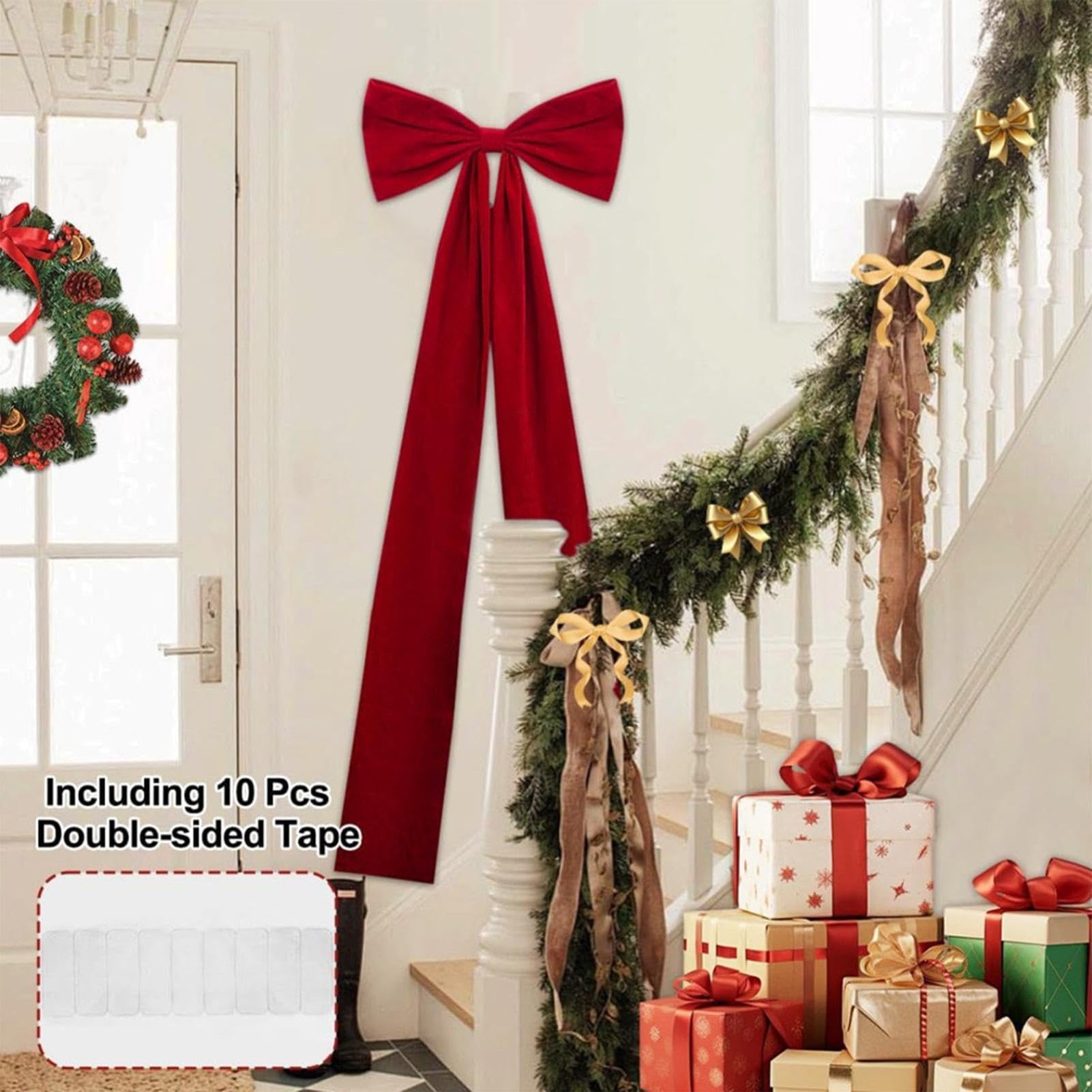 Weihnachtsbaumschleife Roter Kranzschmuck mit Langen Bändern | 50 x 180 cm große rote Schleife als Baumspitze Für Fenster Wand Haustür Außenbereich Wohnzimmer Zuhause Party Feiertage