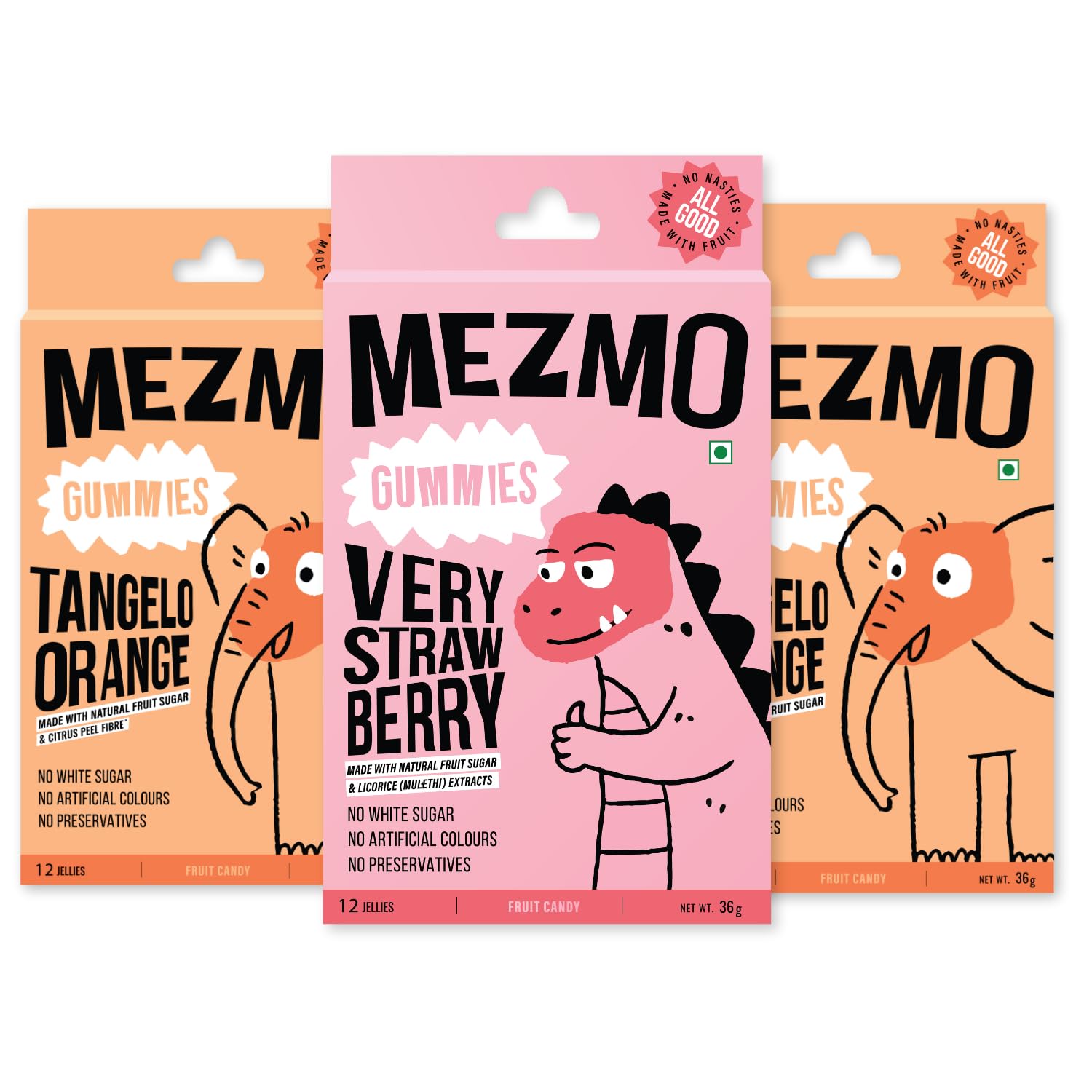 MEZMO soft jelly healthy n yummy candy with natural fruit sugar 120gms 36 jellies (Pack of 3) - Very Strawberry & Tangelo Orange