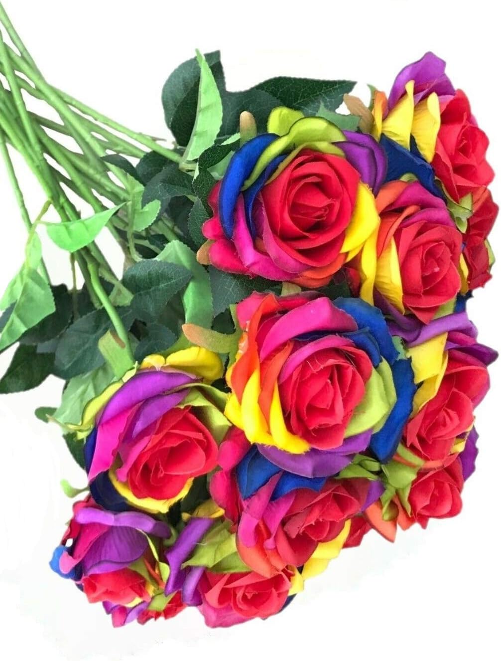 OOKI Pack of 12 - Artificial Silk Rose Flower Rianbow Roses Flowers-DIY Bridal Bouquet Flower or DIY Any Home Garden Decoration Pack of 12pcs
