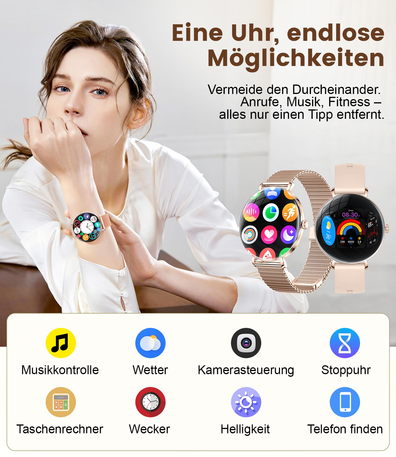 LIGE Montre Connectée Femme avec Appel Bluetooth, 1,43'' AMOLED Écran Smartwatch avec Santé Au Féminin, 120+ Mode Sportif, Sommeil, Fréquence Cardiaque, Étanche IP68 Podometre pour Android iOS
