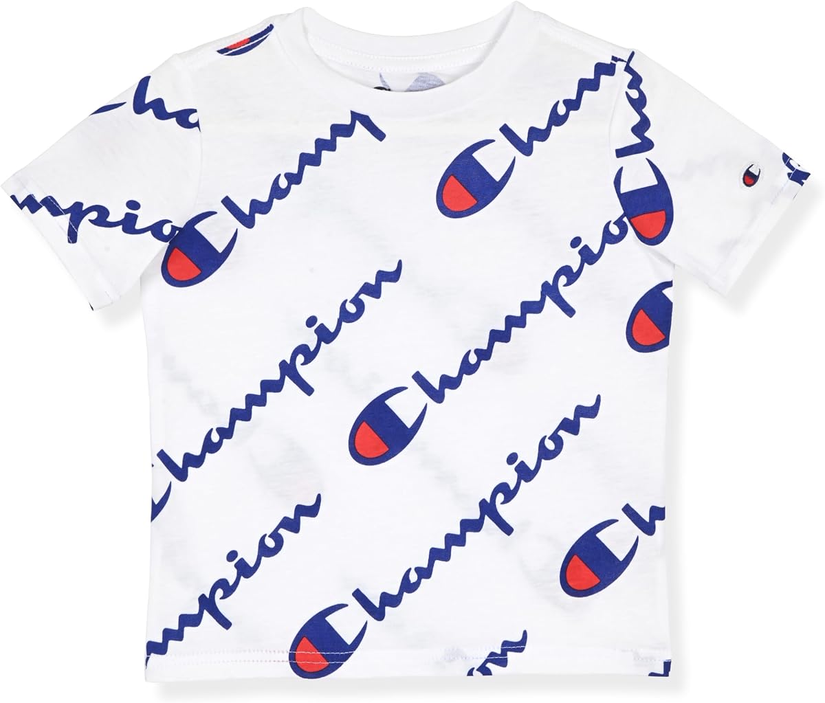 Champion Boys T-Shirt with All Over Logo Print Crew Neck Short Sleeve Tee Shirts for Kids