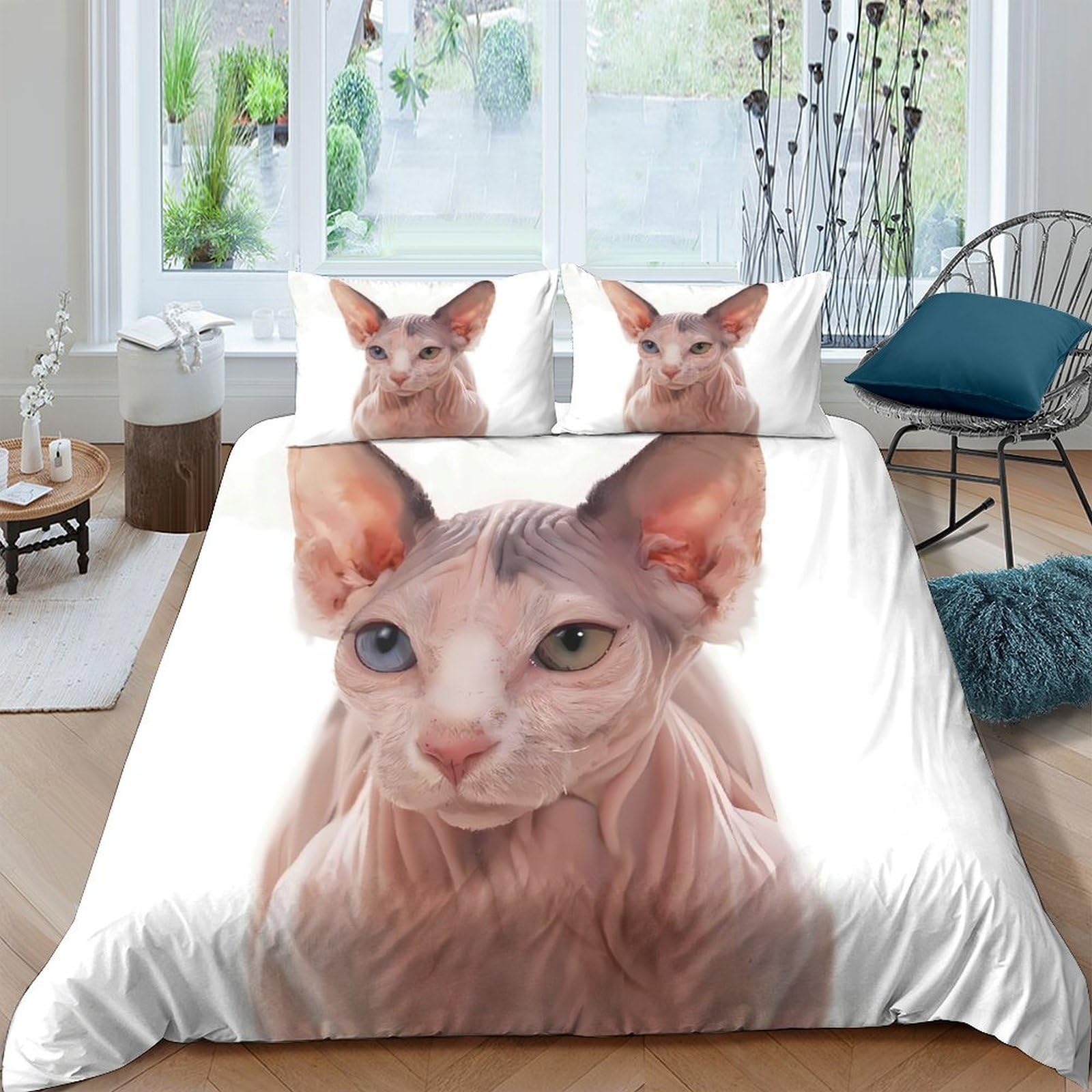 GPLZQXKJNH 3D Printed Sphynx Cat Duvet Cover Set Microfiber Soft Breathable Hairless Cat Quilt Cover with 2 Pillowcases for Bedroom Decor Single（135x200cm）