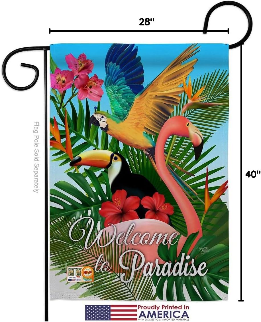 Tropical Bird Paradise Garden House Flags Set Summertime Ocean Beach Seashells Pineapple Outdoor Summer Aloha Small Decorative Gift Yard Banner Made In USA 28 X 40
