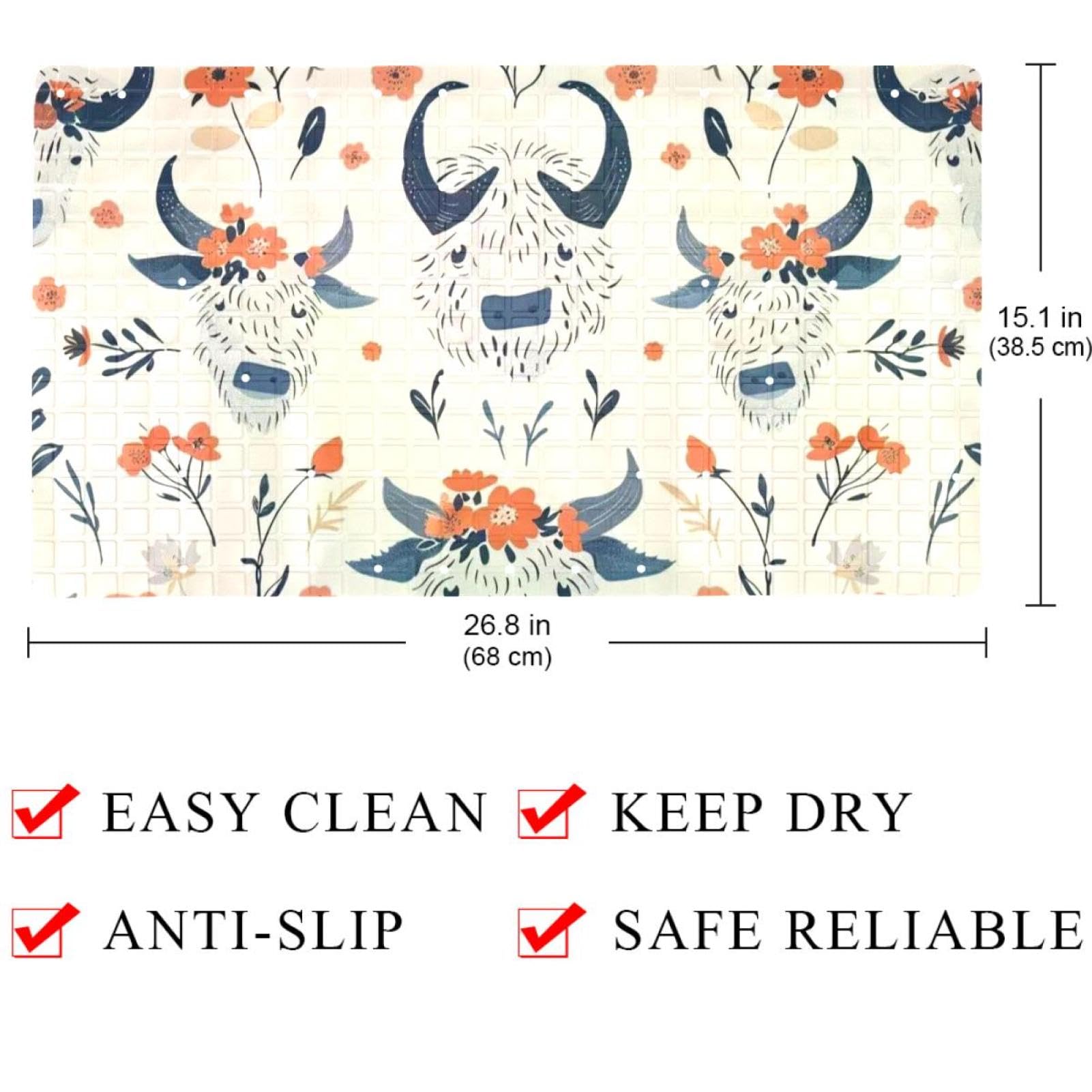 Tapis de bain de qualité supérieure - Antidérapant, facile à nettoyer et sans danger pour toute la famille - Motif têtes de yaks florales