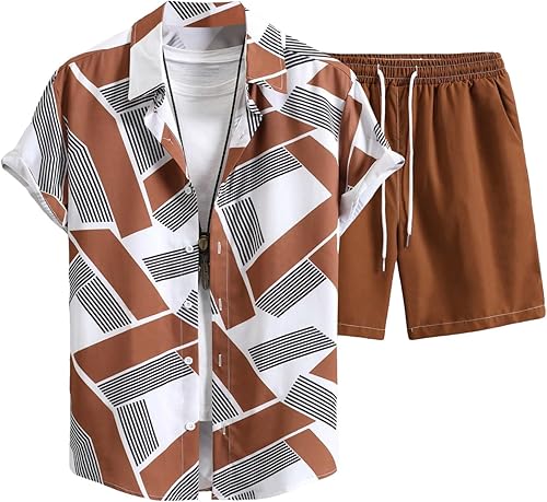 OYOANGLE Men's 2 Piece Outfits Printed Button Down Short Sleeve Shirt and Shorts Tracksuit Set