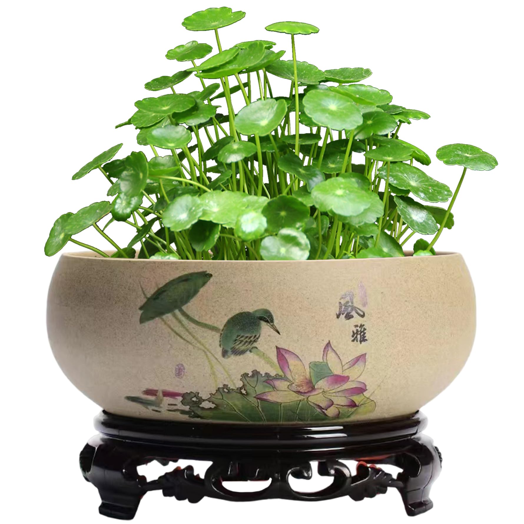 Mskmnkot Style1 Lotus Planter, Ceramic Leaves Birds Lotus Bowl Planter 6.5X2.6 Decorative Round Flowerpot Hydroponic Container For Garden, Balcony, Office