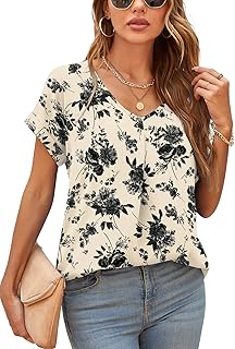Yommay Damen Bluse Sommer Elegant V-Ausschnitt Tunika Shirt Oberteil Flowy Kurze Ärmel Chiffon Tops