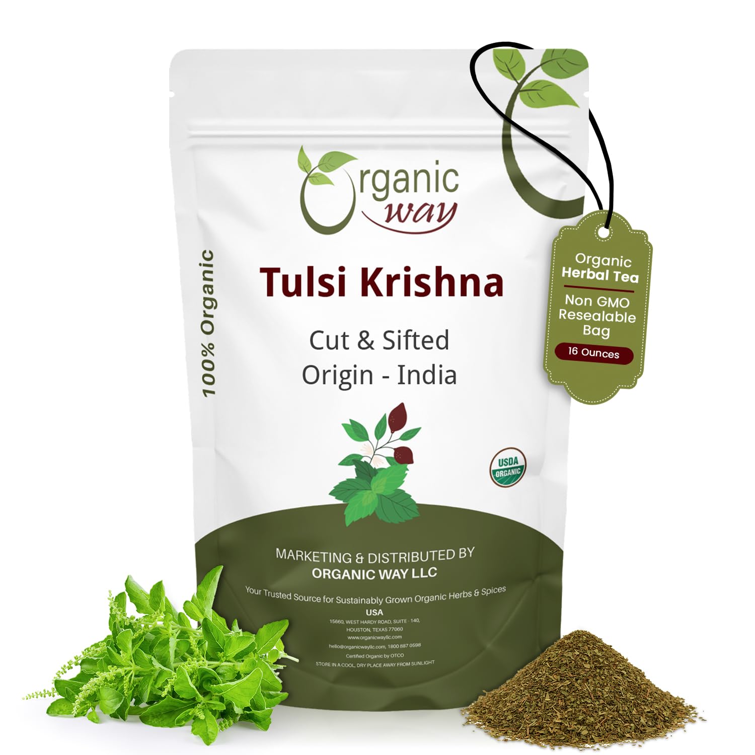 Organic Way Tulsi/Holy Basil (Krishna) Cut & Sifted (Ocimum Tenuiflorum) - Herbal Tea | Organic & Kosher Certified | Raw, Vegan, Non GMO & Gluten Free | USDA Certified | Origin - India (1LBS / 16Oz)