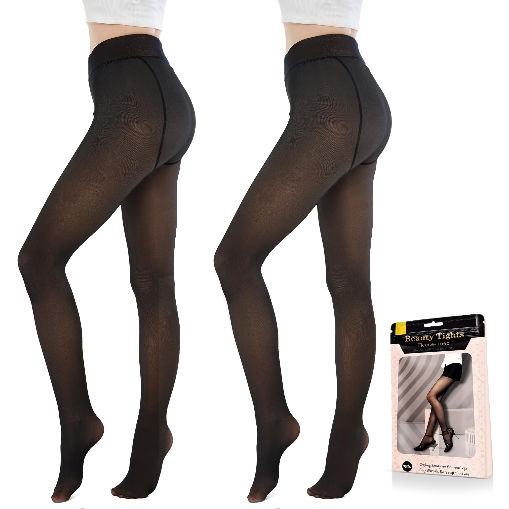Welvgnnce Women's Black+Black Fleece Lined Tights Sheer - Fake Translucent Warm Pantyhose Leggings Sheer Thick Tights For Winter, Xl