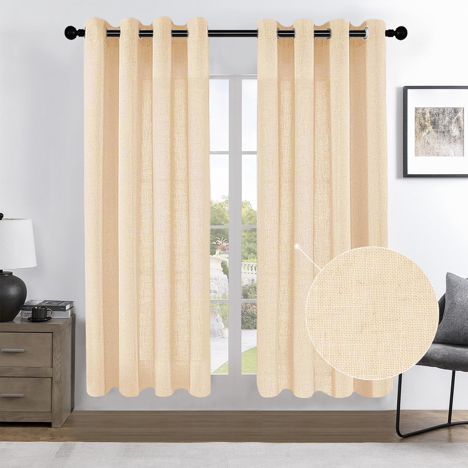 CUCRAF Linen Curtains Eyelet Sheer Net Voile 2 Panels 55" Width x 72" Drop Beige, W 55" x L 72" (2 Panels)