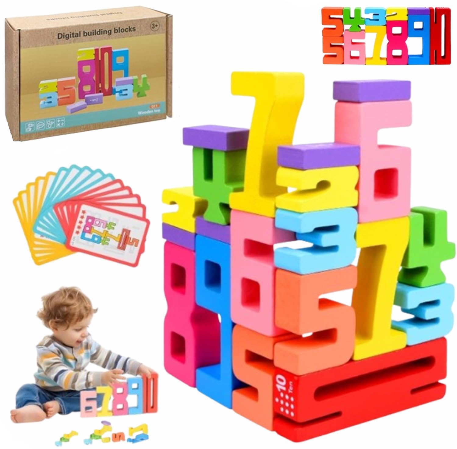 vecora Wooden Number Blocks Toy Set  20 pcs Natural Learning Building Blocks for Kids, Maths Toys for 3 4 5 6 Year Olds, Educational Gift for Toddlers to Learn Counting & Creativity