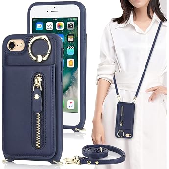 iPhone SE Case Notebook Type with Ring Top and Bottom Opening Shoulder Ring for iPhone 7 8 Case 2020 2022 2nd Generation 3rd Generation Pochette Compatible iCoverCase Card Case Card Storage Snap Type Horizontal Stunt Shoulder Sling Neck Crossbody Zipper Strap Shoulder Case with Card Slot Cover Smartphone Case Mobile Cover Navy