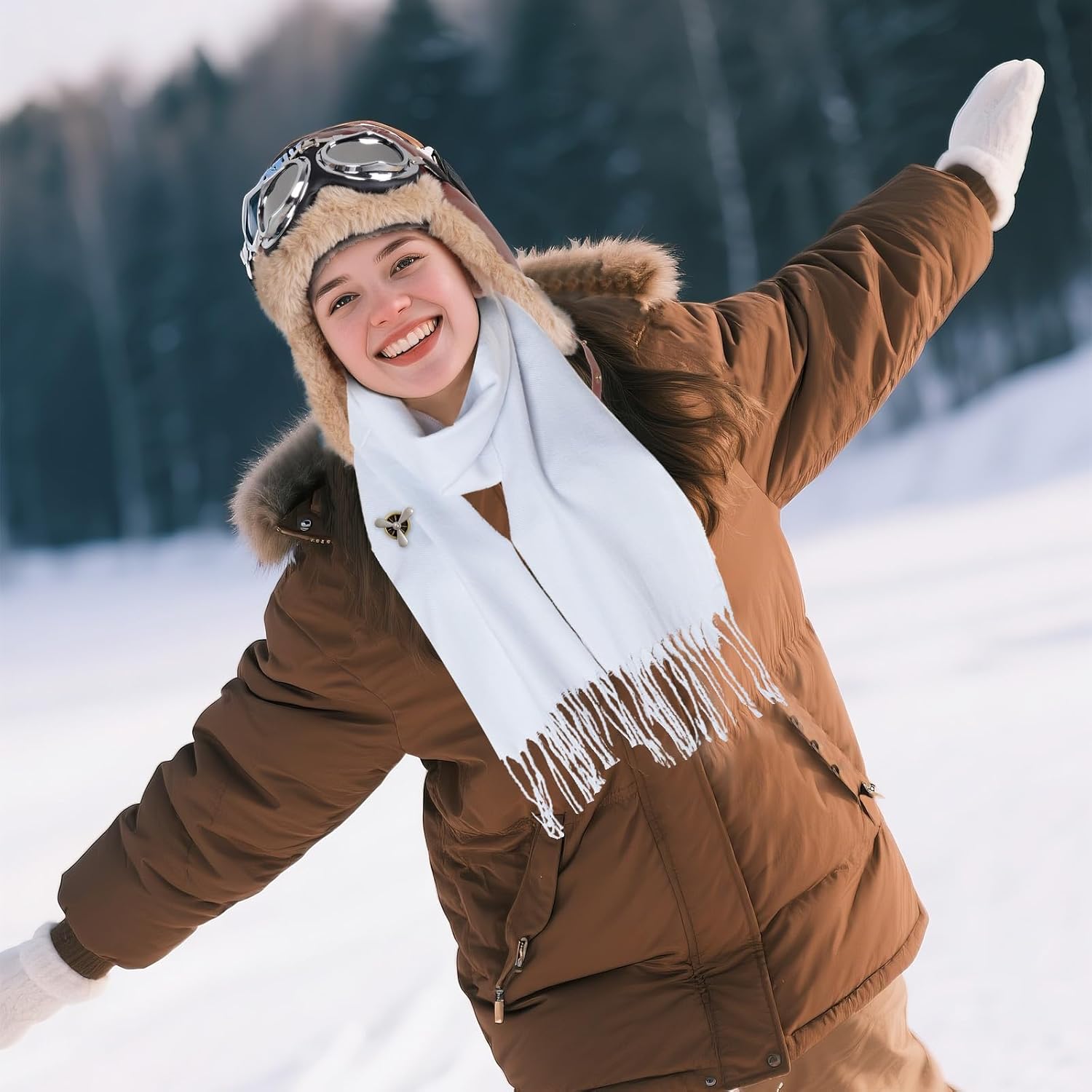 4Pcs Aviator Costume Accessories Pilot Aviator Hat with Goggles Brooch Scarf for Adults Halloween - Image 7