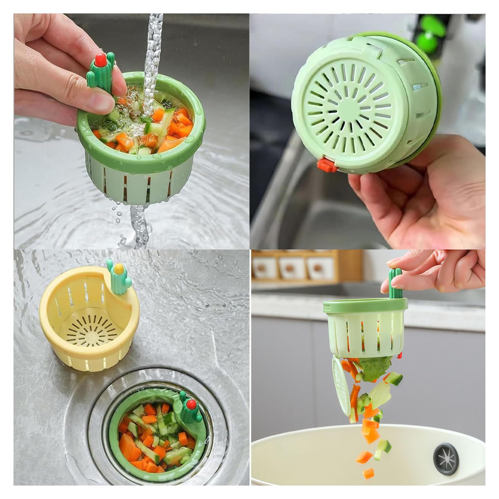 Cactus Sink Drain Strainer – Self-Cleaning Press-Dump Basket, Adjustable Fit For Most Drains, Yellow & Green 2-Pack