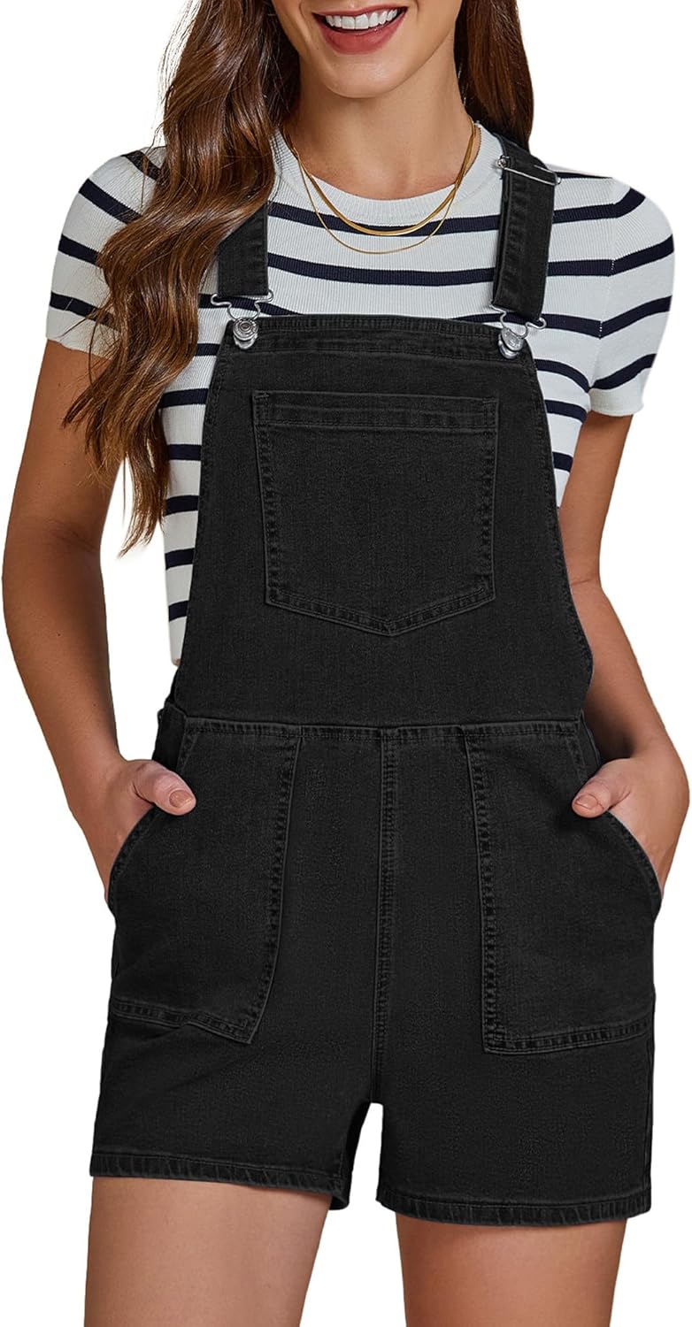 luvamia Jean Overalls for Women Shorts Bib Adjustable Straps Side Zip Stretchy Denim Rompers Casual Summer Shortalls