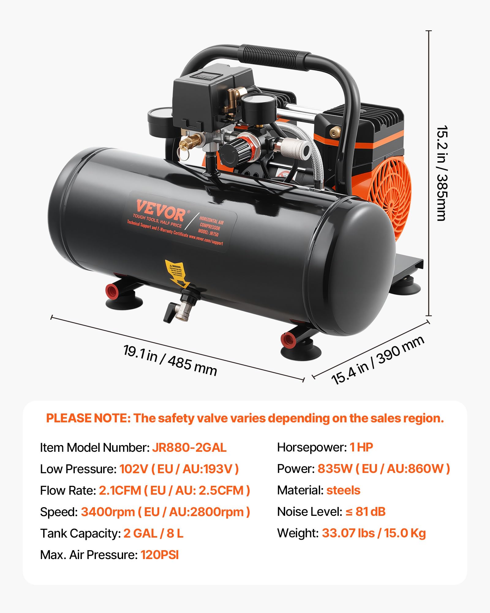 VEVOR Compresseur d'Air sans Huile, Réservoir Acier 8 L, 220 V, 860 W, 2,5 CFM 8 bar, Pression Max 120 PSI, Compresseur Silencieux Portable pour Réparation Auto, Gonflage Pneus, Peinture Pistolet