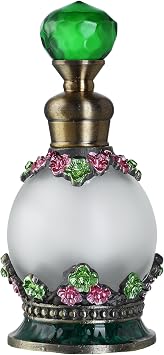 YU FENG Green Floral Perfume Bottle, Crystal Refillable Glass Scent Bottle | 15ml Flower Embellished Design, Decorative Fragrance Holder, Vintage Vanity Decor, Collectible Glass Perfume Container