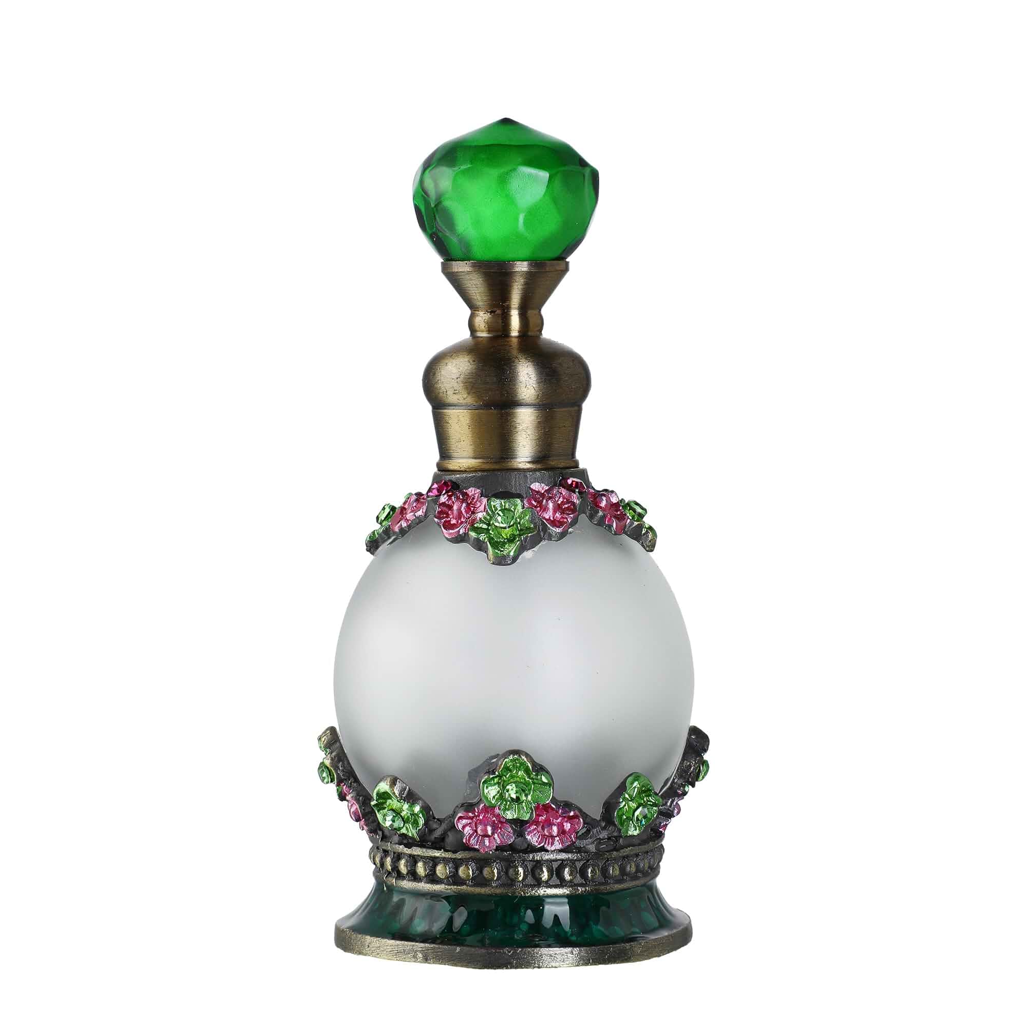 YU FENG Green Floral Perfume Bottle, Crystal Refillable Glass Scent Bottle 15ml Flower Embellished Design, Decorative Fragrance Holder, Vintage Vanity Decor, Collectible Glass Perfume Container