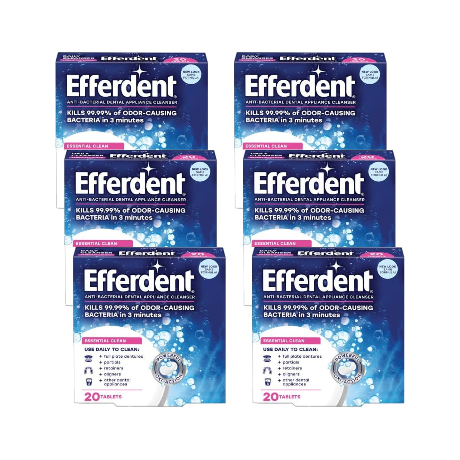 efferdentDenture & Retainer Cleanser Tablets, Essential Clean, 20 Tablets (Pack of 6)