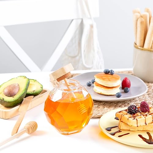 Miniatura 7 de TIMUR HOME KITCHEN - Tarros de miel de vidrio de 12 onzas con gotero, tapa hexagonal hermética, tarro de miel con tapa de madera natural y
