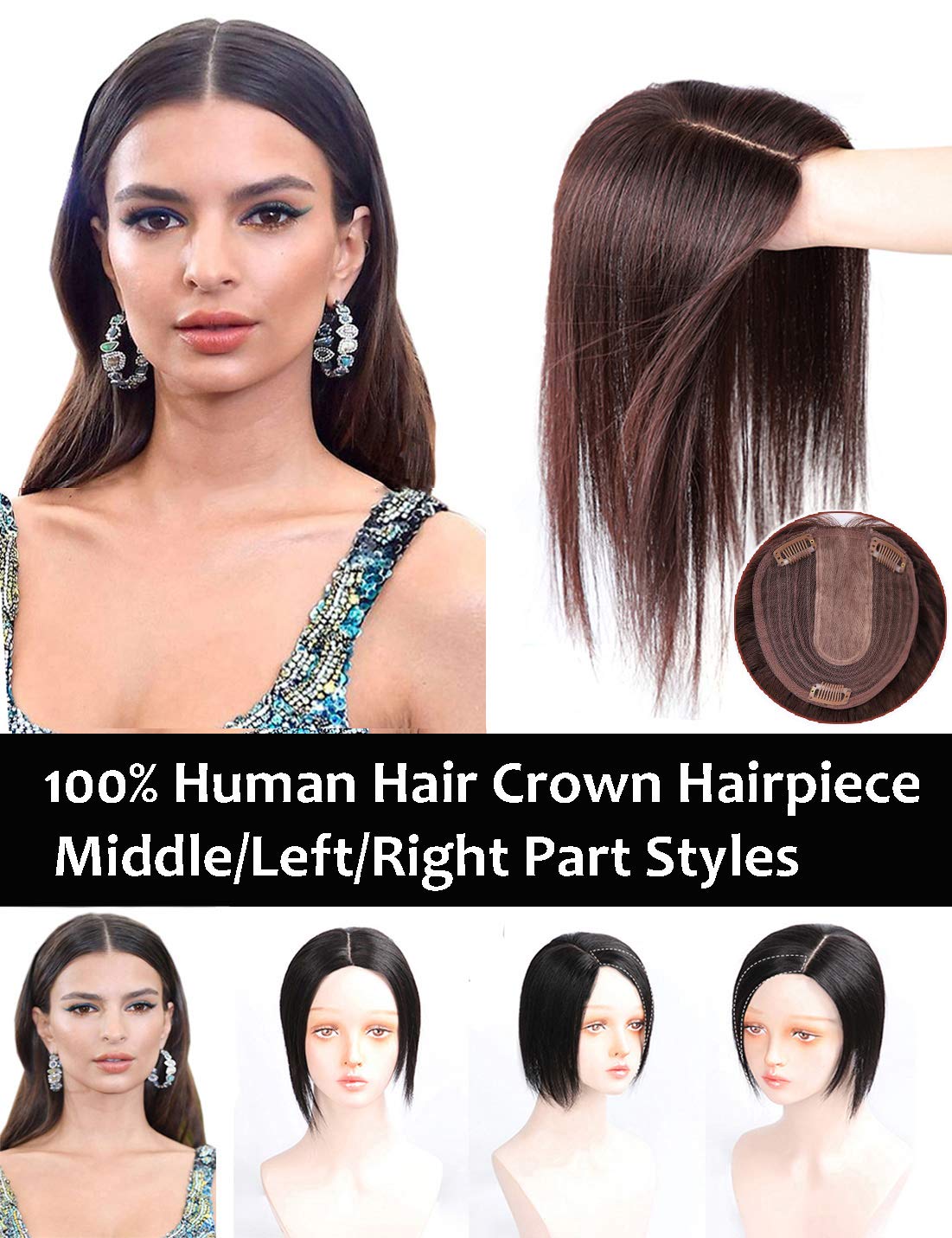 Double Lase Silk Base Part Straight Topper 13 x 14 cm Human Hair Seamless Clip in Crown Ersatz Haarteil rechts / 22 cm, Dunkelbraun