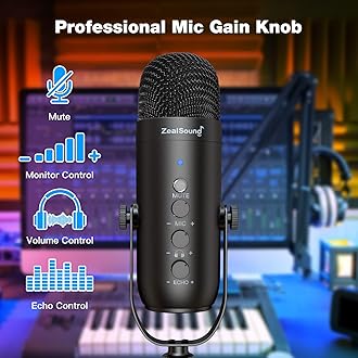 ZealSound Gaming Microphone for PC, USB Podcast Microphone with Noise Reduction, Mute & Gain Control, Zero-Latency Monitoring, Echo Control, Boom Arm, for Mac, iPhone, Stream, YouTube, TikTok, Discord