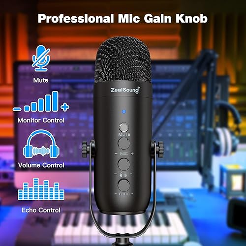 Miniatura 5 de ZeaLSound Micrófono para PC, micrófono condensador de podcast con soporte de brazo de pluma, botón de silencio para transmisión, perilla de ganancia