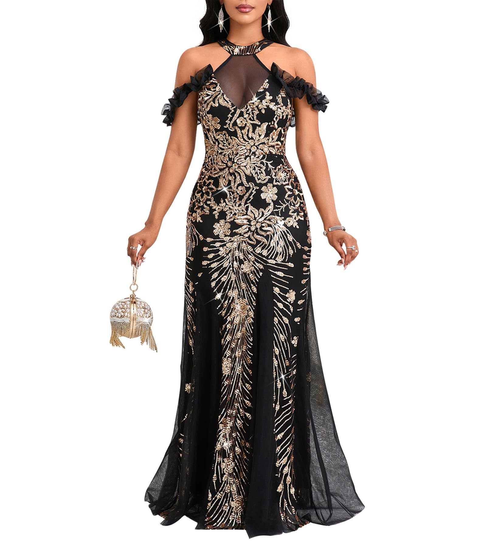 Cololura Women Sequin Halter Mesh Bodycon Formal Maxi Dress Evening Gown