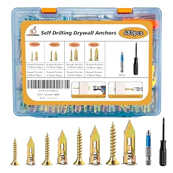 480pcs Self Drilling Drywall Anchors with Screws Kit- Heavy Duty Metal Expansion Bolts, 4 Sizes Sheetrock Anchors & Zinc Plated Steel Expansion Screws,No Drill Needed for TV Shelf Decor Frame Install