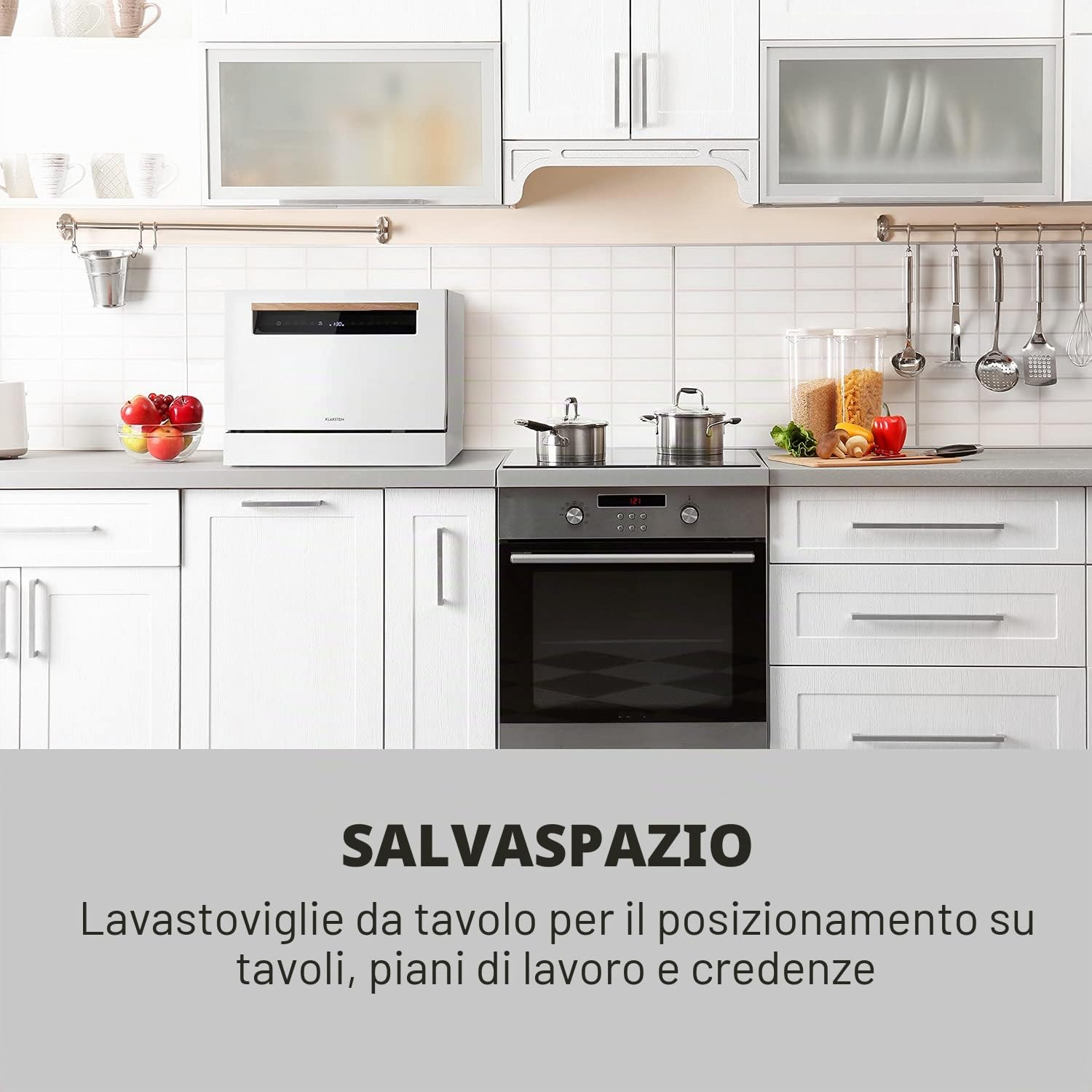 KLARSTEIN Lagoona - Mini Lavastoviglie a Posizionamento Libero, Classe F, Potenza: 1380 Watt, 6 Coperti, Consumo Idrico: 6,5 L, 7 Programmi + Asciugatura Extra, 49 dB, Pannello Touch Nero, Bianco