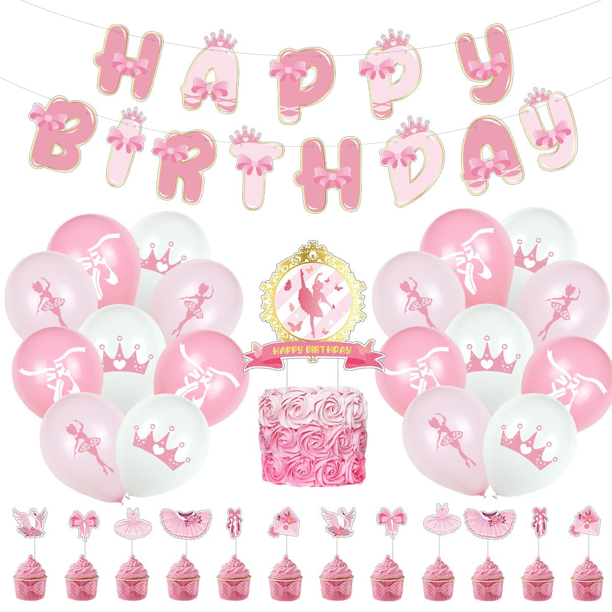 MAKINGTEC Ballet Birthday Decoration Set, Pink Party Supplies, Dancing Party Supplies Dancing Girls, Latex Balloons, Ballerina Background Tutu Birthday Party Supplies