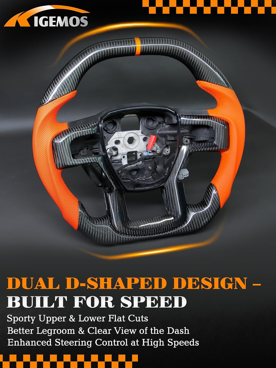 3K Real Carbon Fiber Steering Wheel for Ford F150 Raptor 2017-2020 Gen 2, Heating Compatible, Double-D Shape, Orange Leather Grip, Orange Stripe and Stitching, Matching Carbon Trim