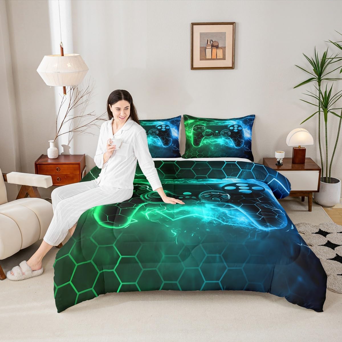 Feelyou Kids Boys Green Gamer Bedding Set Queen Size, Honeycomb Gaming Comforter Set Lightning Gamepad Comforter Game Room Decor Duvet Set with 2 Pillow Case Decor Set Bedding Collection