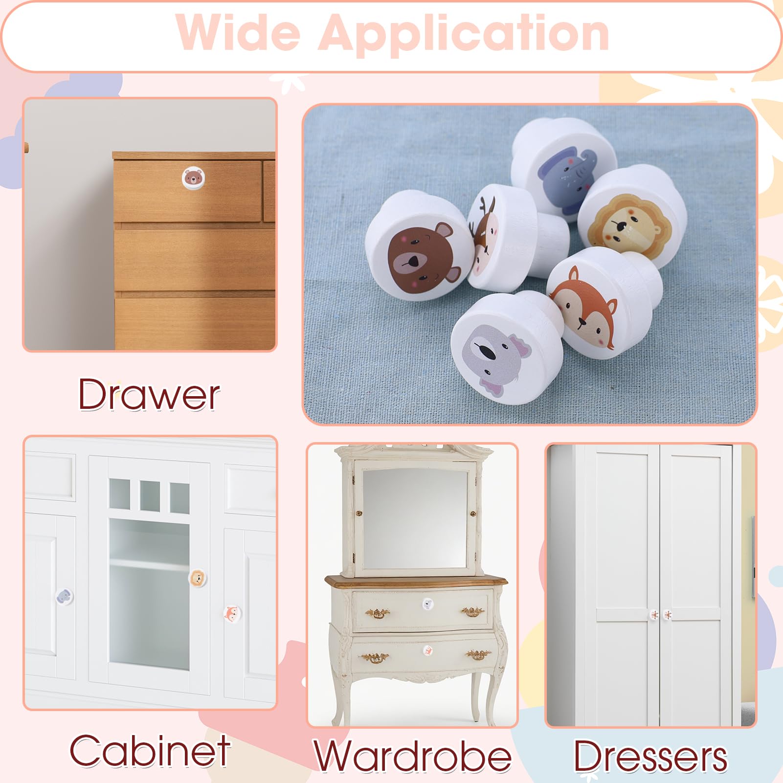 6 Pezzi Pomelli Per Mobili Bambini in Legno, Maniglie Cameretta con Viti, Pomelli Decorativi in Legno per Armadietti con Diversi Motivi di Animali
