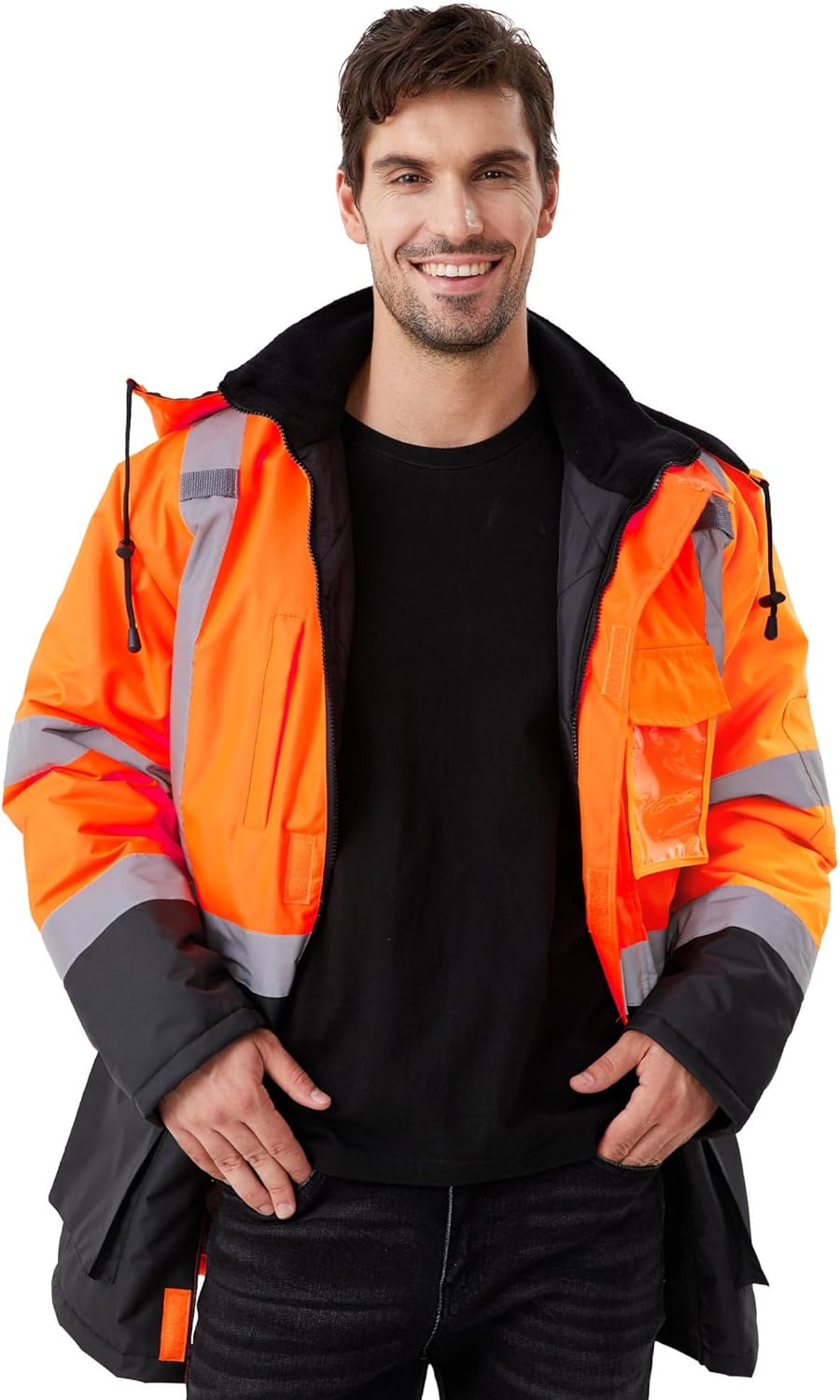 ProtectX High Visibility Winter Safety Jacket for Men, Reflective Insulated Work Long Coat