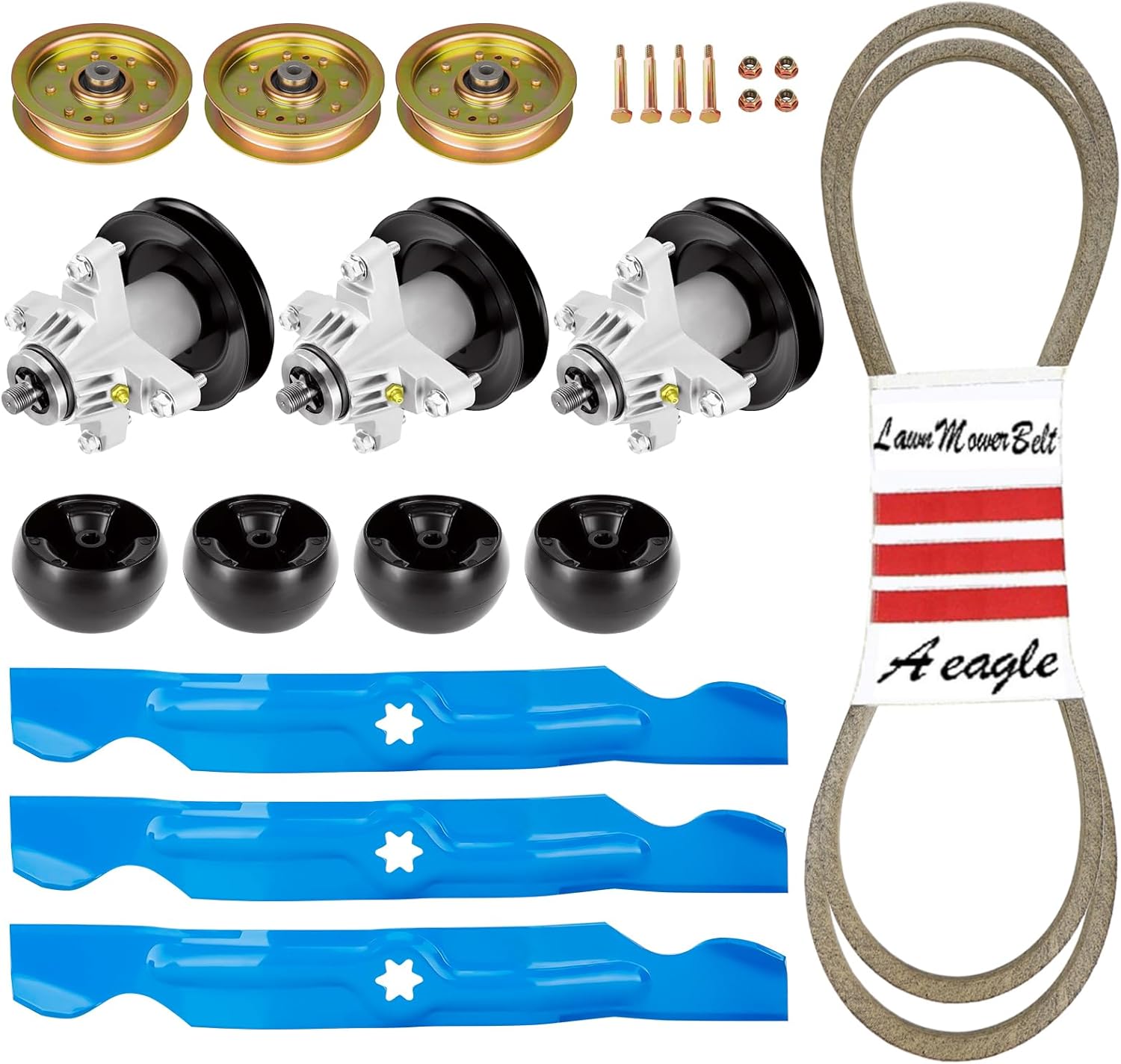 Aeagle RZT50 Rebuild Kit Fits for Cub Cadet MTD RZT50 RZT50VT ZT50 Troy Bilt Mustang XP 50" Deck, 3 Spindles 618-04125 918-04125, 3 Blades 742-04053, 742-04053 Idlers 754-04044 Belt 734-0415 Wheels