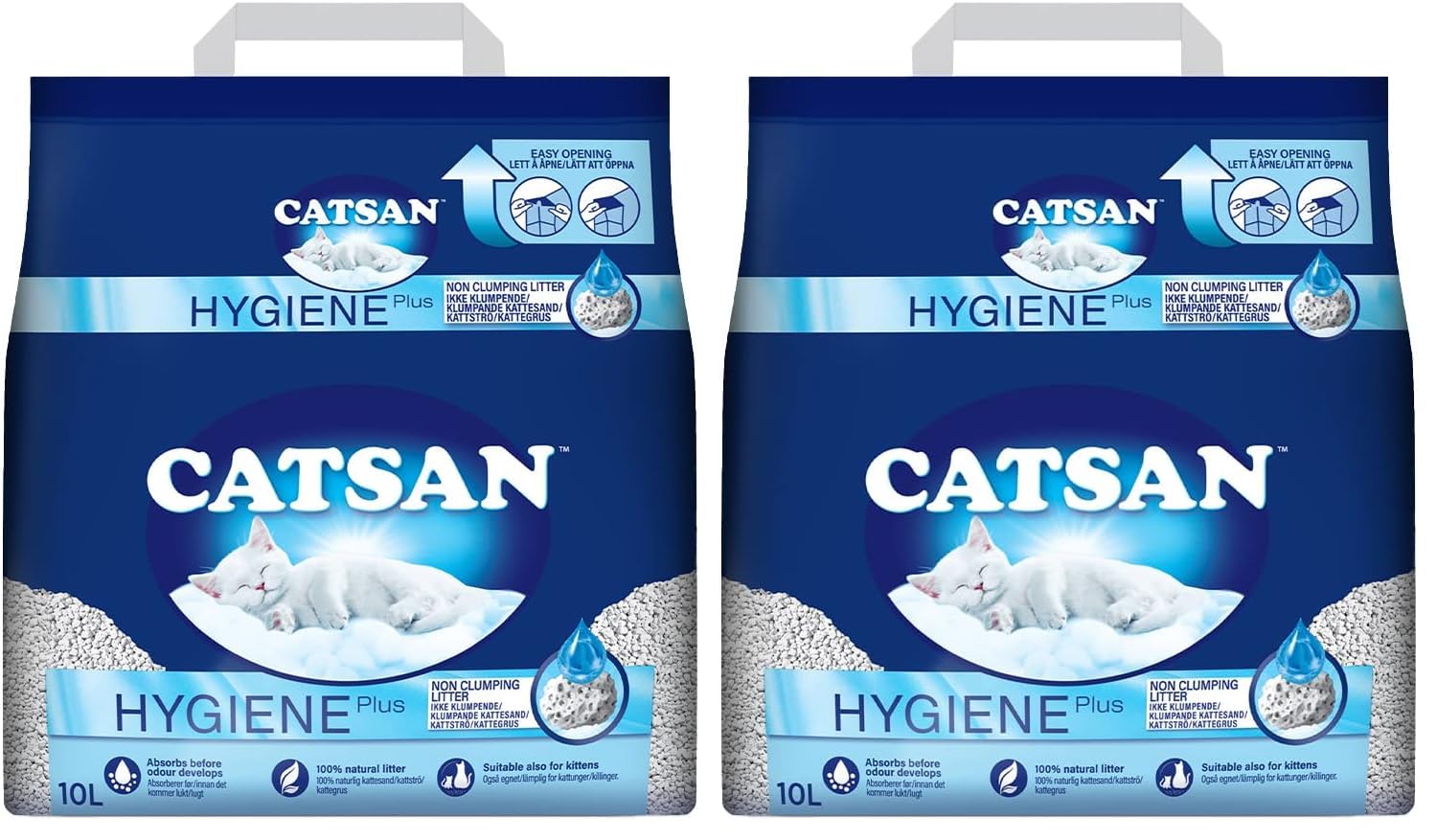 Catsan Hygiene Non-Clumping Cat Litter, 100 Percent Natural, Absorbent, 10 Litre, White (Pack of 2)