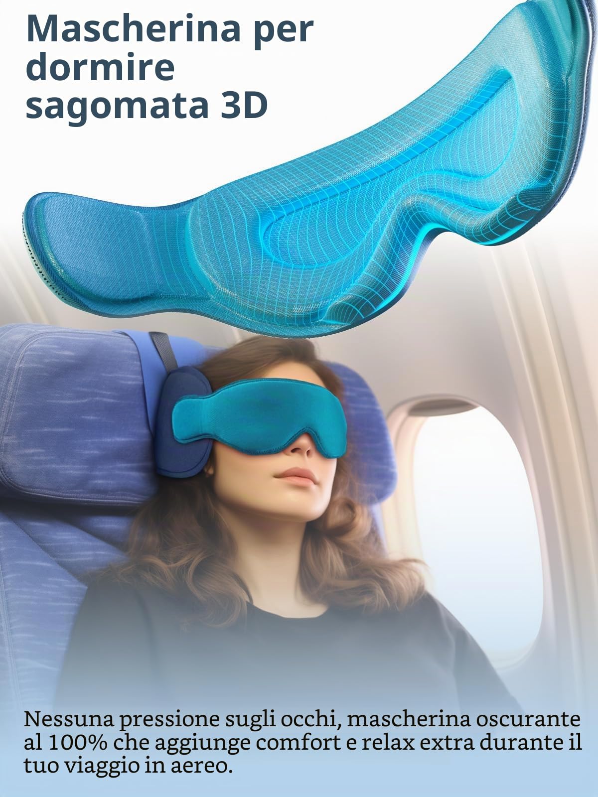 Inspireyes Cuscini da viaggio aerei, accessori da viaggio approvati FSA HSA per voli lunghi, cuscino da viaggio auto per bambini, maschera per dormire in aereo, Blu lago