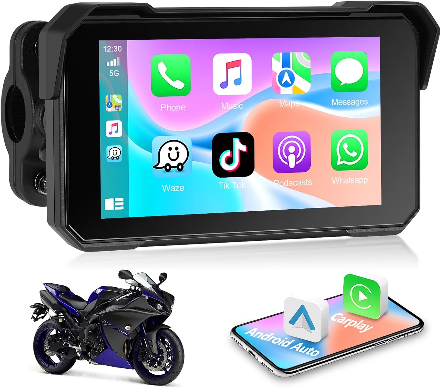 Carplay Portable Motorcycle Smart Player Radio with Android Auto 64G TF Card 5" Touch Screen with Voice Control GPS Navigation for Motorcycle Support Bluetooth/Siri/Google Assistant/USB