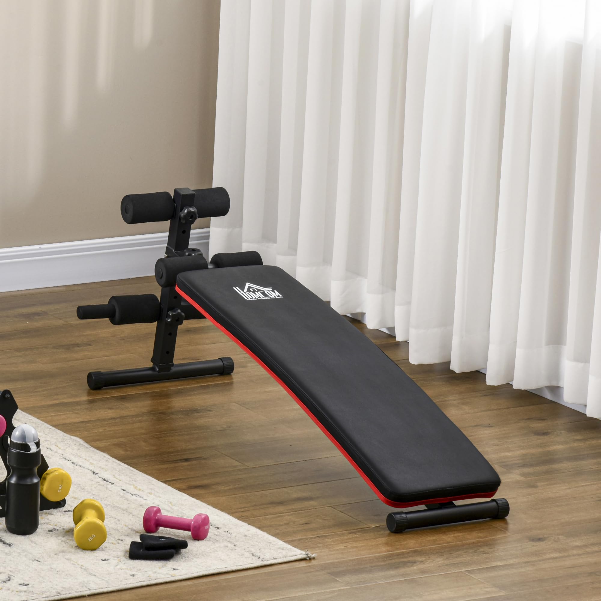 HOMCOM Panca per Addominali Pieghevole e Regolabile, Panca Pesi da Palestra Multifunzione con Schienale Imbottito, 47x139x51-69cm, Nero e Rosso